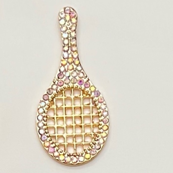 🎾Gold Badminton Racket Set w/ Pink Pastel Aurora Borealis Crystals 2” Earrings - Picture 2 of 4